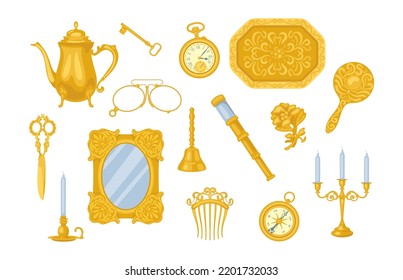 Vintage gold accessories vector illustrations set. Collection of drawings of candle in gold candlestick, mirror in golden frame, comb, key, watch isolated on white background. Vintage, luxury concept