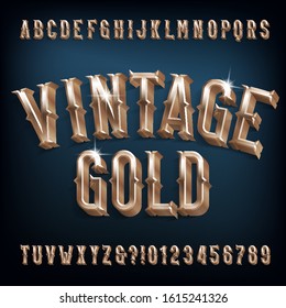 Vintage Gold alphabet font. 3D retro golden letters, numbers and symbols. Stock vector typescript for your design.