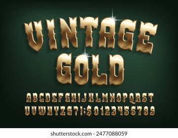 Fuente alfabética Antiguas Gold. 3d letras y números dorados. Vector de archivo de texto para su diseño.