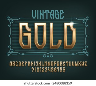 Vintage Gold alphabet font. 3d old letters and numbers. Stock vector typeface for your design.