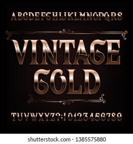 Vintage Gold Alphabet Font. Fancy Ornate Golden Letters On And Numbers. Stock Vector Typescript For Your Design.