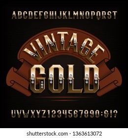 Vintage Gold alphabet font. Golden letters and numbers with diamond gemstone. Stock vector typescript for your design.