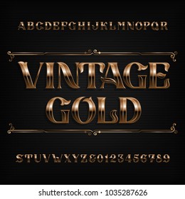 Vintage gold alphabet font. Ornate metal effect letters and numbers. Stock vector typeface for your design.