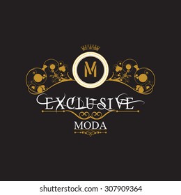 Vintage Gold Antique Frame On Black. EXCLUSIVE MODA. Logo Expensive And Exclusive