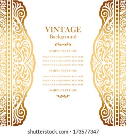 Vintage gold background design, elegant book cover, victorian style invitation card, beautiful greeting, floral ornamental frame, certificate template, label, royal ornament, layout for decoration