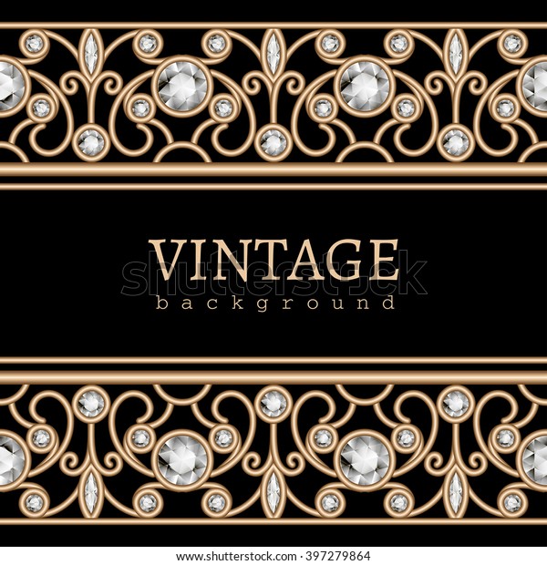 Vintage gold background, diamond\
jewelry gold frame with filigree borders on black, vector\
eps10