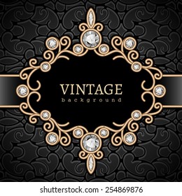 Vintage gold background, diamond vignette, vector jewelry frame, eps10