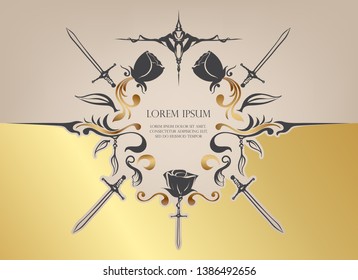 Vintage and gold background, elegance antique, victorian gold, floral ornament and sword,beautiful invitation, classical old style card, royal luxury
