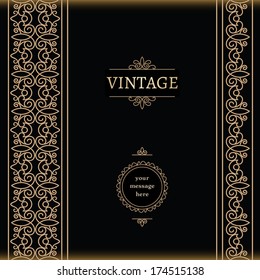 Vintage gold background, elegant seamless border ornaments, vector decorative design elements, label, dividers on black
