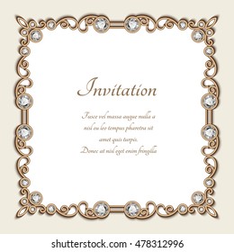 Vintage gold background, elegant square frame, invitation or greeting card template, antique jewelry vignette decorated with diamonds, eps10 vector illustration