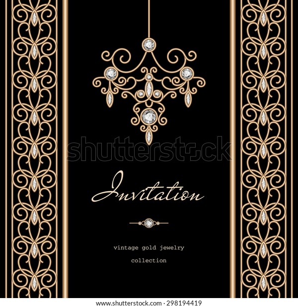 Vintage gold background,
invitation template, vector jewelry frame with seamless borders on
black, eps10