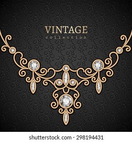 Vintage gold background with jewelry diamond necklace, elegant vector jewellery decoration, eps10