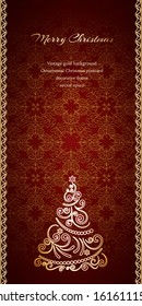 Vintage gold background with ornamental Christmas tree, greeting card, vector eps10