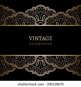 Vintage gold background, ornamental vector frame with seamless lace borders