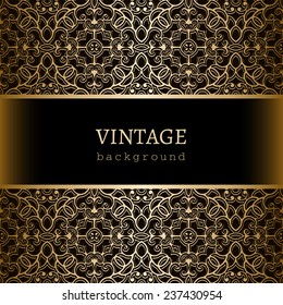 Vintage gold background, ornamental vector frame with seamless lace borders