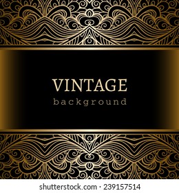 Vintage gold background, ornamental vector frame with seamless lace borders