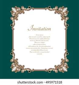 Vintage gold background, rectangle jewelry frame with diamond corner decoration, vector save the date card or invitation template, eps10