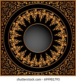 Vintage gold background with round hole, vector ornate frame template for packaging design