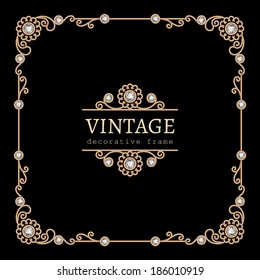 Vintage gold background, square jewelry frame on black, vector eps10