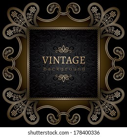 Vintage gold background, square ornamental vector frame on black
