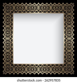 Vintage gold background, square ornamental lace frame, vector eps10