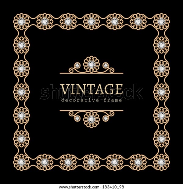 Vintage gold background, square vector jewelry\
frame on black, eps10