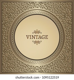 Vintage gold background with swirly pattern, golden ornamental frame, elegant vector decoration for invitation card or packaging design
