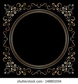Vintage gold background, vector antique frame template on black
