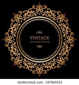 Vintage gold background, vector circle frame on black