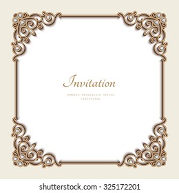 Vintage gold background, vector elegant square frame, invitation template, antique jewelry vignette, eps10