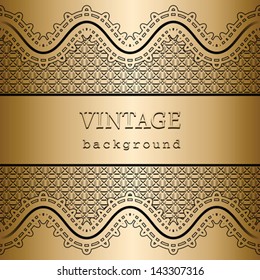 Vintage gold background, vector frame template with seamless lace borders