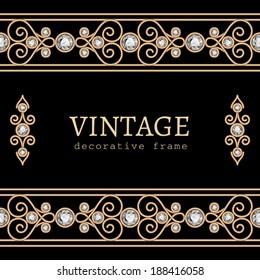 Vintage gold background, vector frame with seamless jewelry borders on black, eps10