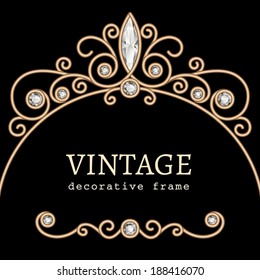 Vintage gold background, vector jewelry frame, decorative vignette on black, eps10