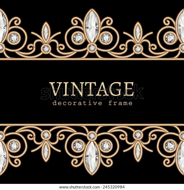 Vintage gold background, vector jewelry\
frame with seamless borders on black,\
eps10