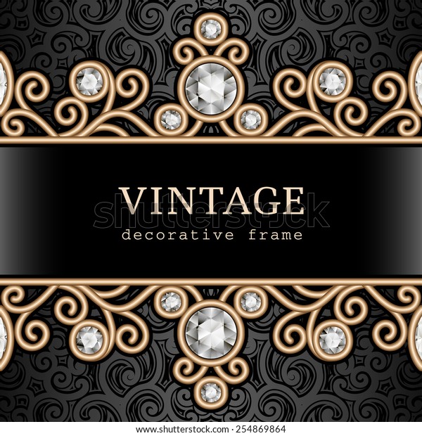 Vintage gold background, vector jewelry\
frame with seamless borders on pattern,\
eps10