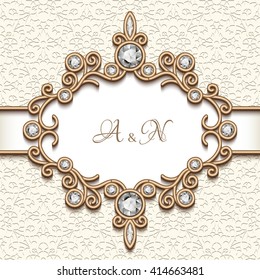 Vintage gold background, vector label, diamond jewelry frame, greeting card or wedding invitation template