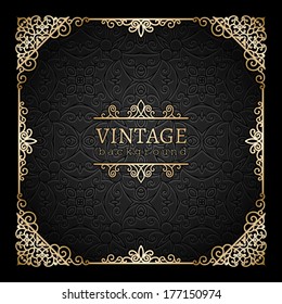 Vintage gold background, vector ornamental frame on black