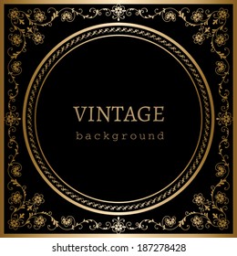 Vintage gold background, vector ornamental frame on black