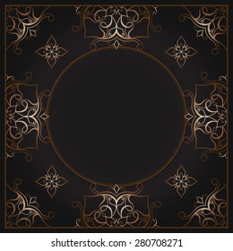 Vintage gold background, vector ornamental frame on black. Baroque ornate element and place for text. Golden ornamental pattern and traditional decor.