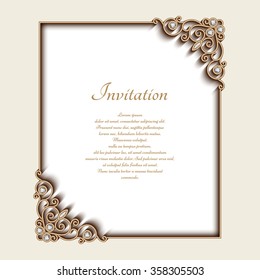 Vintage gold background, vector rectangle jewelry frame with ornamental corners, greeting card or invitation template, eps10