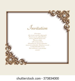 Vintage gold background, vector rectangle jewelry frame with ornamental corners, greeting card or invitation template, eps10