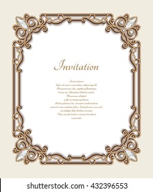 Vintage gold background, vector rectangle jewelry frame with ornamental border, greeting card or invitation template, eps10