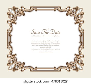 Vintage gold background, vector rectangle jewelry frame with ornamental border, save the date card or wedding invitation template, eps10