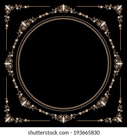 Vintage gold background, vector round jewelry frame and corners on black, eps10