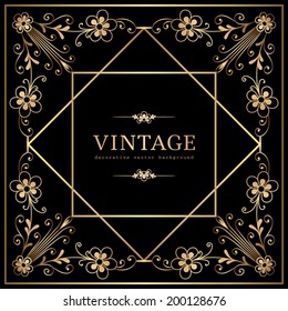 Vintage gold background, vector square ornamental frame on black