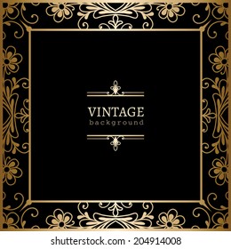 Vintage gold background, vector square ornamental frame on black