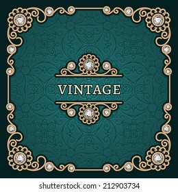 Vintage gold background, vector square jewelry frame decorated with diamonds