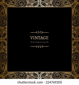 Vintage gold background, vector square ornamental frame on black