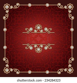 Vintage gold background, vector square jewelry frame decorated with diamonds, eps10