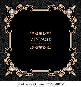 Vintage gold background, vector square jewelry frame on pattern, eps10
